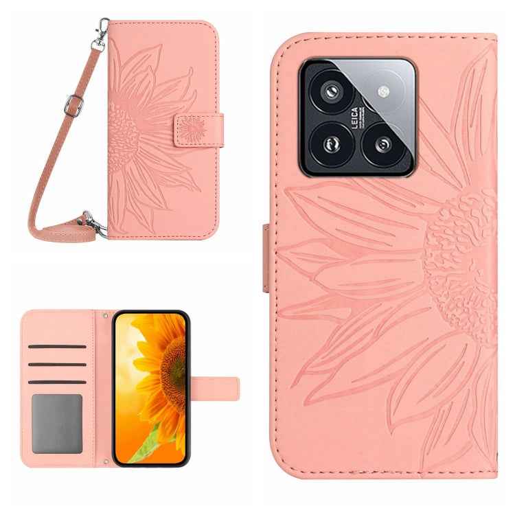 Skin Feel Sun Flower Embossed Flip Leather Phone Case with Lanyard, For Xiaomi 14 Ultra, For Xiaomi 14 Pro, For Xiaomi 14, For Xiaomi Redmi 13C 4G