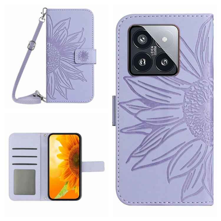 Skin Feel Sun Flower Embossed Flip Leather Phone Case with Lanyard, For Xiaomi 14 Ultra, For Xiaomi 14 Pro, For Xiaomi 14, For Xiaomi Redmi 13C 4G