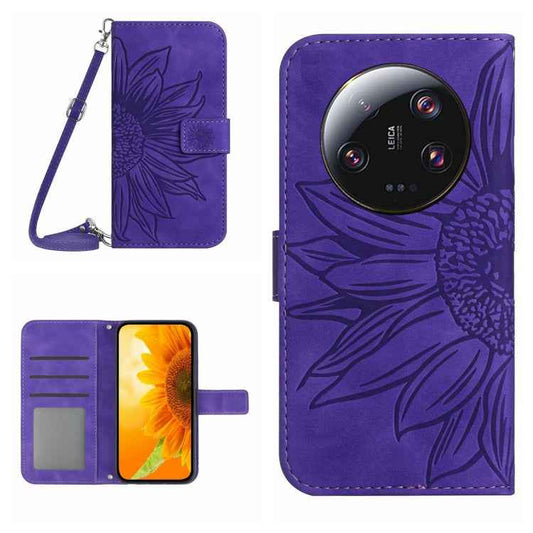 Skin Feel Sun Flower Embossed Flip Leather Phone Case with Lanyard, For Xiaomi 14 Ultra, For Xiaomi 14 Pro, For Xiaomi 14, For Xiaomi Redmi 13C 4G