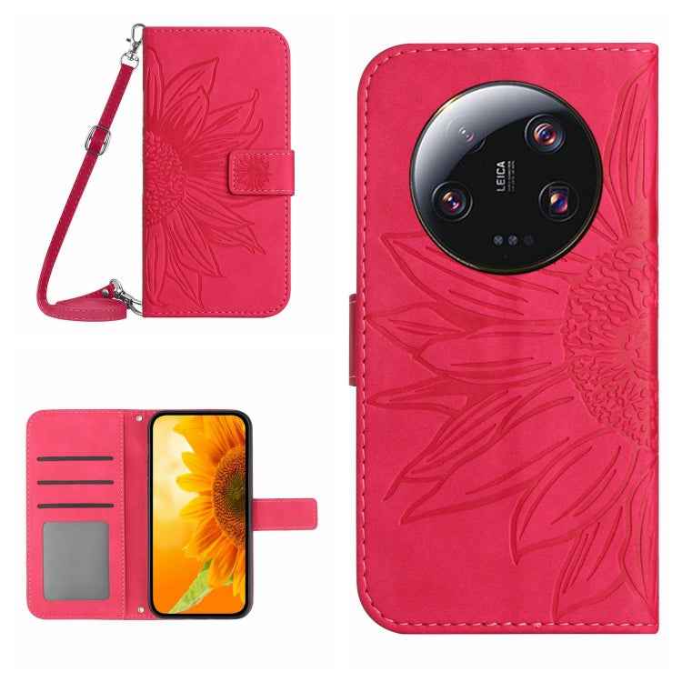 Skin Feel Sun Flower Embossed Flip Leather Phone Case with Lanyard, For Xiaomi 14 Ultra, For Xiaomi 14 Pro, For Xiaomi 14, For Xiaomi Redmi 13C 4G