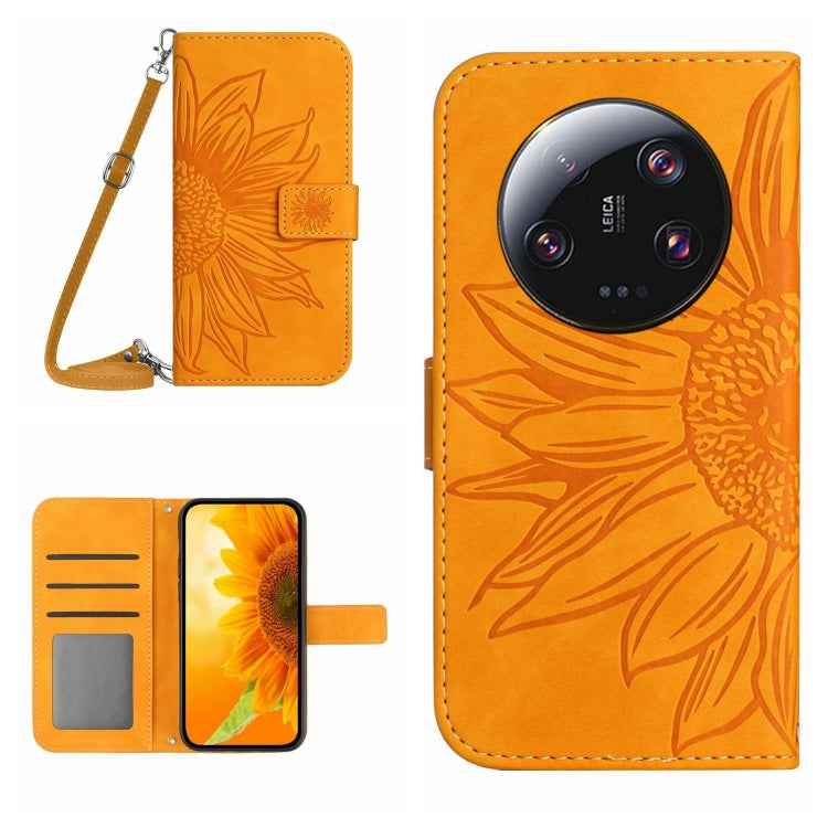 Skin Feel Sun Flower Embossed Flip Leather Phone Case with Lanyard, For Xiaomi 14 Ultra, For Xiaomi 14 Pro, For Xiaomi 14, For Xiaomi Redmi 13C 4G