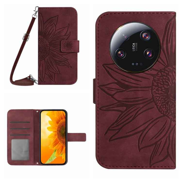 Skin Feel Sun Flower Embossed Flip Leather Phone Case with Lanyard, For Xiaomi 14 Ultra, For Xiaomi 14 Pro, For Xiaomi 14, For Xiaomi Redmi 13C 4G