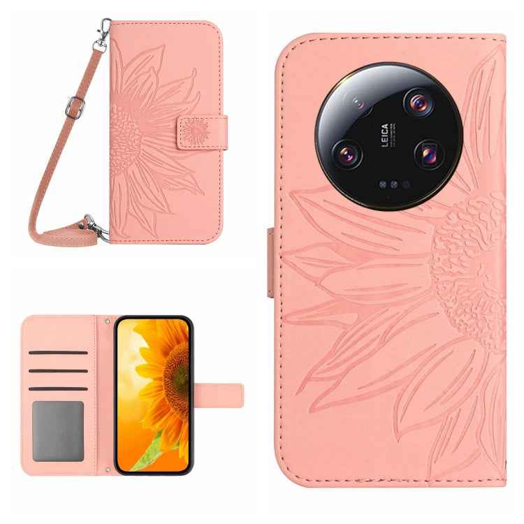 Skin Feel Sun Flower Embossed Flip Leather Phone Case with Lanyard, For Xiaomi 14 Ultra, For Xiaomi 14 Pro, For Xiaomi 14, For Xiaomi Redmi 13C 4G