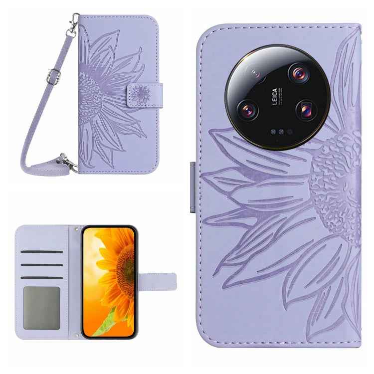 Skin Feel Sun Flower Embossed Flip Leather Phone Case with Lanyard, For Xiaomi 14 Ultra, For Xiaomi 14 Pro, For Xiaomi 14, For Xiaomi Redmi 13C 4G
