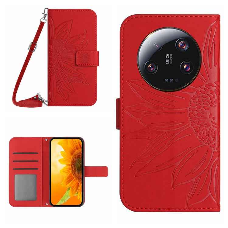 Skin Feel Sun Flower Embossed Flip Leather Phone Case with Lanyard, For Xiaomi 14 Ultra, For Xiaomi 14 Pro, For Xiaomi 14, For Xiaomi Redmi 13C 4G