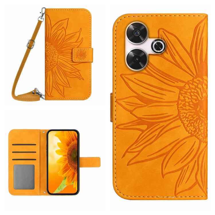 Skin Feel Sun Flower Embossed Flip Leather Phone Case with Lanyard, For Xiaomi Redmi 13 4G Global / 5G Global, For Xiaomi Redmi A3, For Xiaomi Redmi Note 13 4G Global, For Xiaomi Redmi 13C 5G