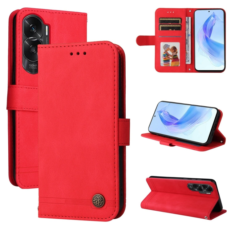 Skin Feel Life Tree Metal Button Leather Phone Case