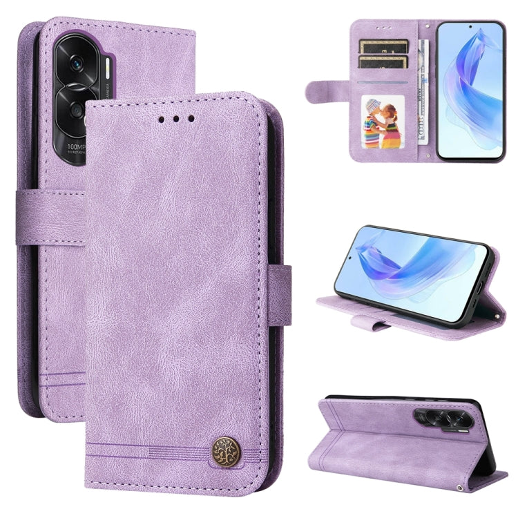 Skin Feel Life Tree Metal Button Leather Phone Case