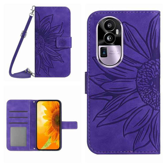 Skin Feel Sun Flower Embossed Flip Leather Phone Case with Lanyard, For OPPO Reno10 Pro+