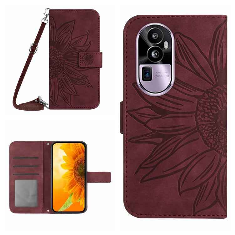 Skin Feel Sun Flower Embossed Flip Leather Phone Case with Lanyard, For OPPO Reno10 Pro+
