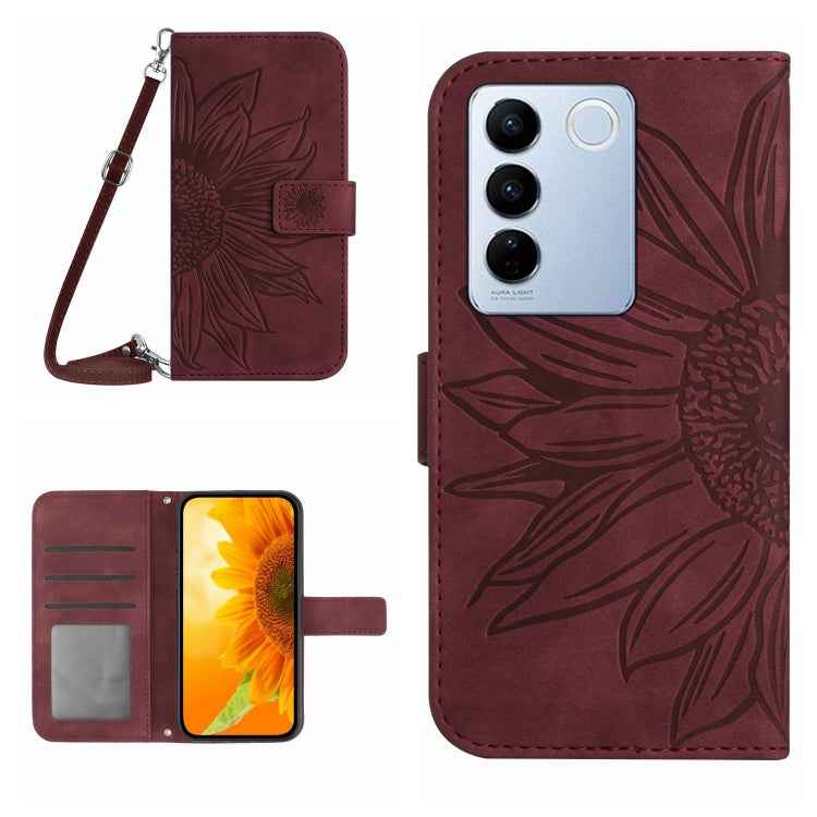 Skin Feel Sun Flower Embossed Flip Leather Phone Case with Lanyard, For vivo V27E 4G Global, For vivo Y02A 4G / Y02 4G / Y11 2023, For vivo Y55S 5G 2023 / Y55 5G / T1 5G, For vivo Y75 5G Global