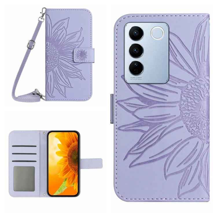Skin Feel Sun Flower Embossed Flip Leather Phone Case with Lanyard, For vivo V27E 4G Global, For vivo Y02A 4G / Y02 4G / Y11 2023, For vivo Y55S 5G 2023 / Y55 5G / T1 5G, For vivo Y75 5G Global