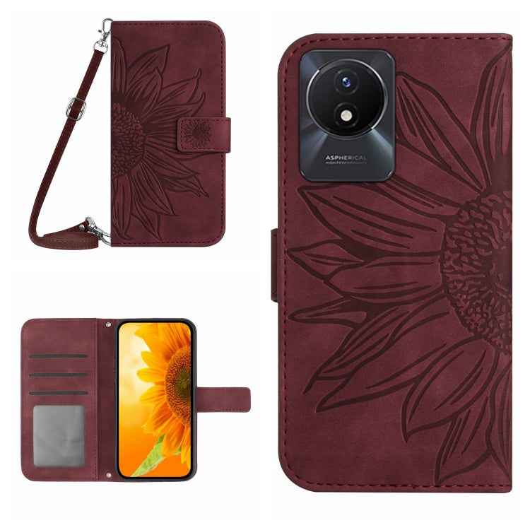 Skin Feel Sun Flower Embossed Flip Leather Phone Case with Lanyard, For vivo V27E 4G Global, For vivo Y02A 4G / Y02 4G / Y11 2023, For vivo Y55S 5G 2023 / Y55 5G / T1 5G, For vivo Y75 5G Global