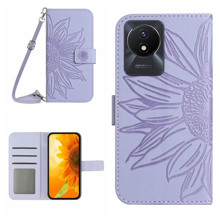 Skin Feel Sun Flower Embossed Flip Leather Phone Case with Lanyard, For vivo V27E 4G Global, For vivo Y02A 4G / Y02 4G / Y11 2023, For vivo Y55S 5G 2023 / Y55 5G / T1 5G, For vivo Y75 5G Global