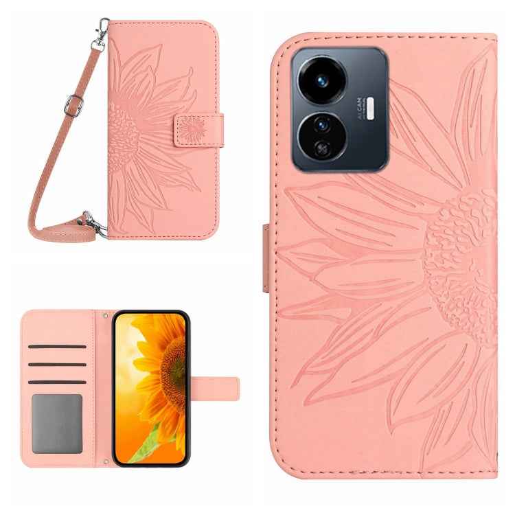Skin Feel Sun Flower Embossed Flip Leather Phone Case with Lanyard