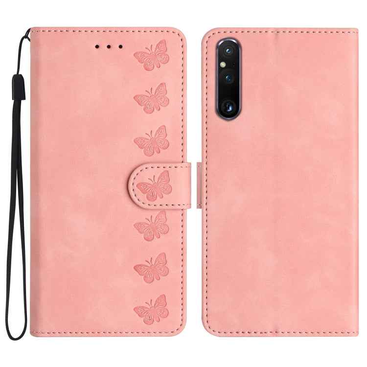 Seven Butterflies Embossed Leather Phone Case, For Sony Xperia 10 VI, For Sony Xperia 1 VI, For Sony Xperia 1 V 2023, For Sony Xperia 10 V 2023, For Sony Xperia 1 IV, For Sony Xperia L4, For Sony Xperia 5, For Sony Xperia L3
