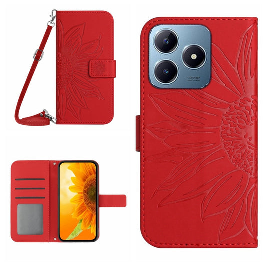 Skin Feel Sun Flower Embossed Flip Leather Phone Case with Lanyard, For Realme C63 4G Global/ C61, For Realme 12 5G Global, For Realme 12+ Global, For Realme 12 Pro/12 Pro+ Global