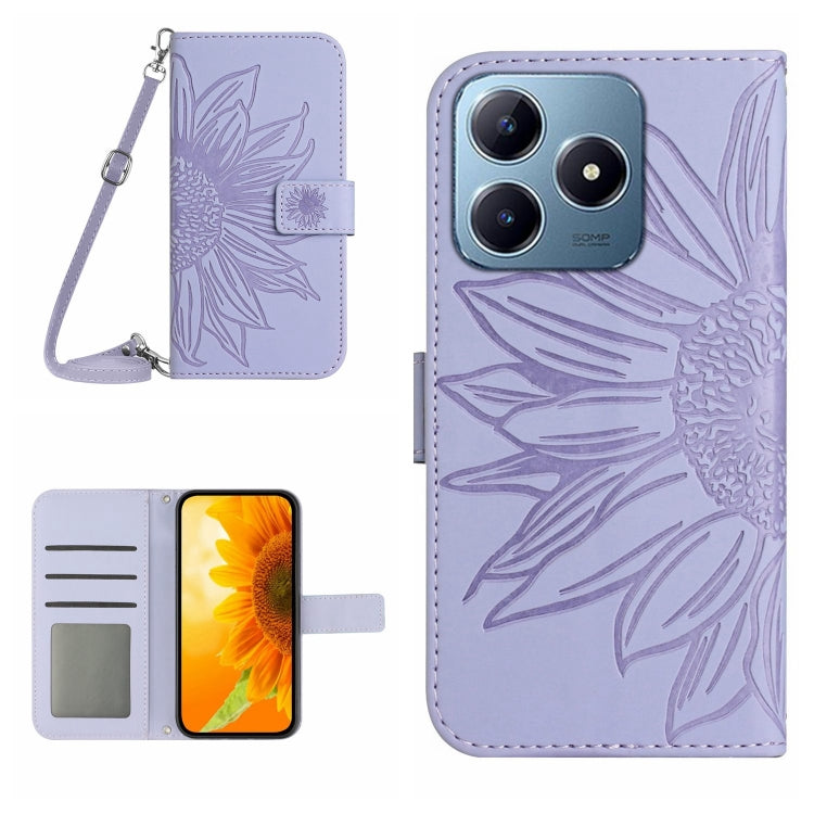 Skin Feel Sun Flower Embossed Flip Leather Phone Case with Lanyard, For Realme C63 4G Global/ C61, For Realme 12 5G Global, For Realme 12+ Global, For Realme 12 Pro/12 Pro+ Global
