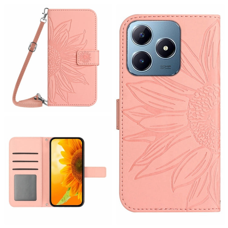 Skin Feel Sun Flower Embossed Flip Leather Phone Case with Lanyard, For Realme C63 4G Global/ C61, For Realme 12 5G Global, For Realme 12+ Global, For Realme 12 Pro/12 Pro+ Global