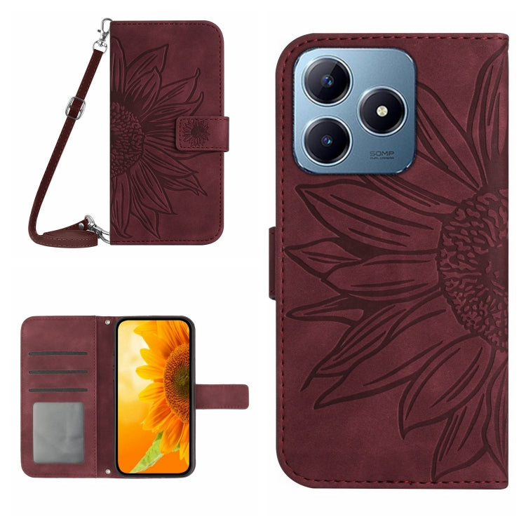 Skin Feel Sun Flower Embossed Flip Leather Phone Case with Lanyard, For Realme C63 4G Global/ C61, For Realme 12 5G Global, For Realme 12+ Global, For Realme 12 Pro/12 Pro+ Global