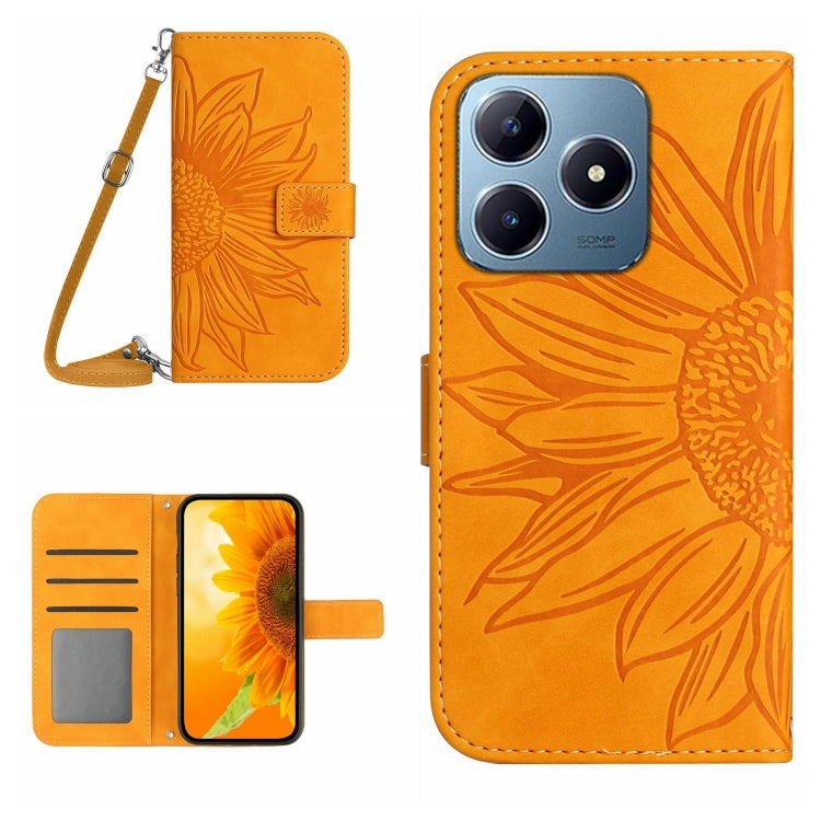 Skin Feel Sun Flower Embossed Flip Leather Phone Case with Lanyard, For Realme C63 4G Global/ C61, For Realme 12 5G Global, For Realme 12+ Global, For Realme 12 Pro/12 Pro+ Global
