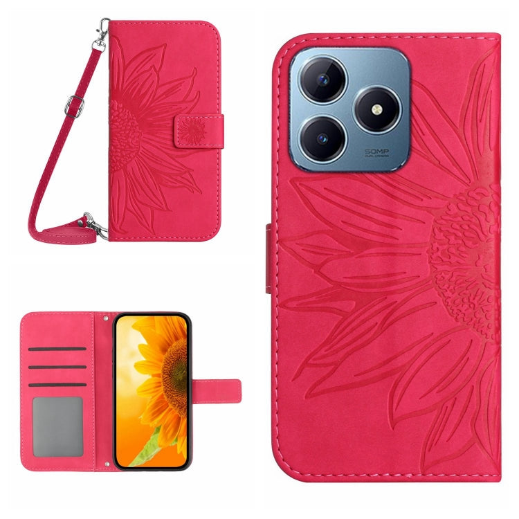Skin Feel Sun Flower Embossed Flip Leather Phone Case with Lanyard, For Realme C63 4G Global/ C61, For Realme 12 5G Global, For Realme 12+ Global, For Realme 12 Pro/12 Pro+ Global