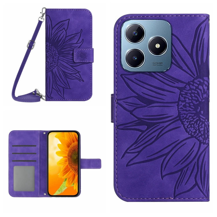 Skin Feel Sun Flower Embossed Flip Leather Phone Case with Lanyard, For Realme C63 4G Global/ C61, For Realme 12 5G Global, For Realme 12+ Global, For Realme 12 Pro/12 Pro+ Global