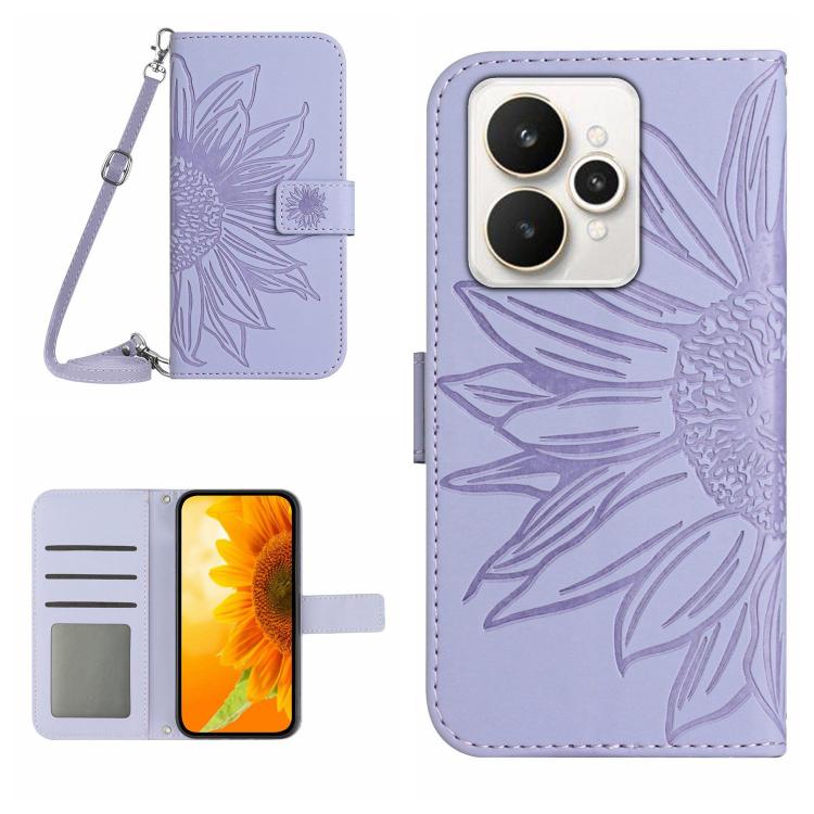 Skin Feel Sun Flower Embossed Flip Leather Phone Case with Lanyard, For Realme C85 5G, For Realme C85 Pro 4G, For Realme 15T 5G, For Realme 15 5G Global / 15 Pro 5G Global