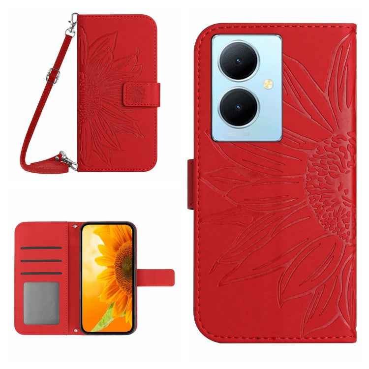 Skin Feel Sun Flower Embossed Flip Leather Phone Case with Lanyard, For vivo Y200e / Y100 IDN / V30 Lite India 5G, For vivo Y78+