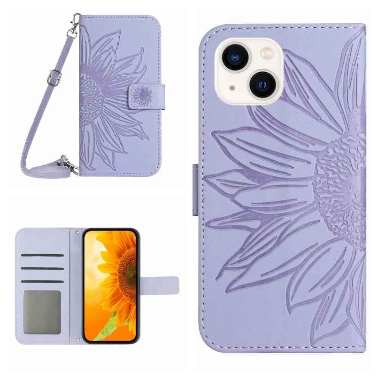 Skin Feel Sun Flower Embossed Flip Leather Phone Case with Lanyard, For iPhone 16, For iPhone 15 Pro Max, For iPhone 15 Pro, For iPhone 15 Plus