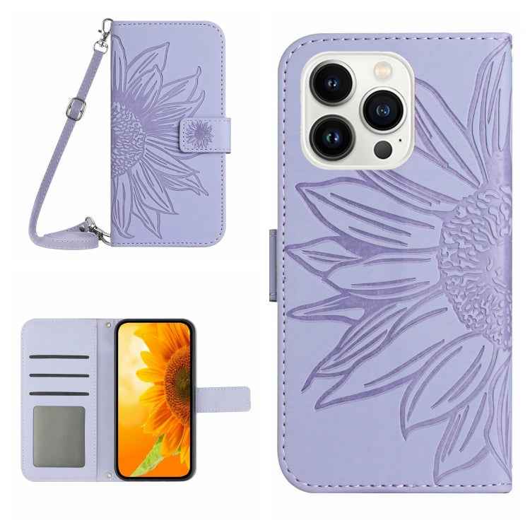 Skin Feel Sun Flower Embossed Flip Leather Phone Case with Lanyard, For iPhone 16, For iPhone 15 Pro Max, For iPhone 15 Pro, For iPhone 15 Plus