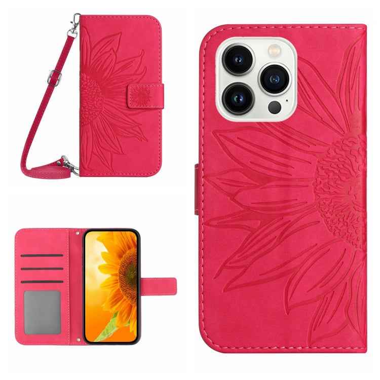 Skin Feel Sun Flower Embossed Flip Leather Phone Case with Lanyard, For iPhone 16, For iPhone 15 Pro Max, For iPhone 15 Pro, For iPhone 15 Plus