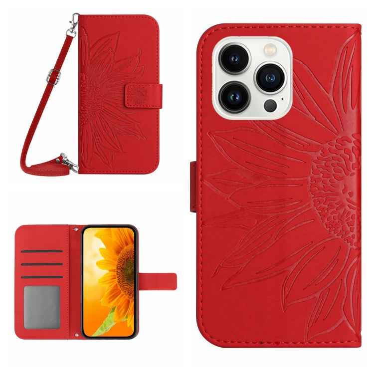 Skin Feel Sun Flower Embossed Flip Leather Phone Case with Lanyard, For iPhone 16, For iPhone 15 Pro Max, For iPhone 15 Pro, For iPhone 15 Plus