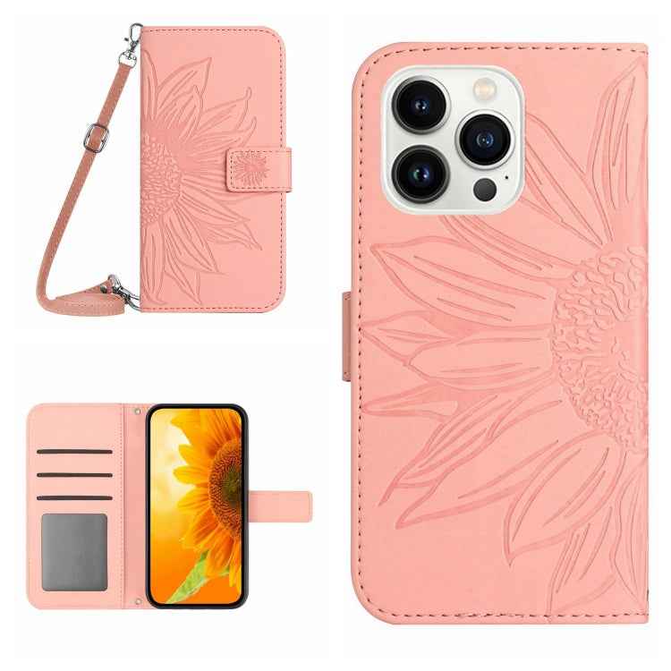 Skin Feel Sun Flower Embossed Flip Leather Phone Case with Lanyard, For iPhone 16, For iPhone 15 Pro Max, For iPhone 15 Pro, For iPhone 15 Plus