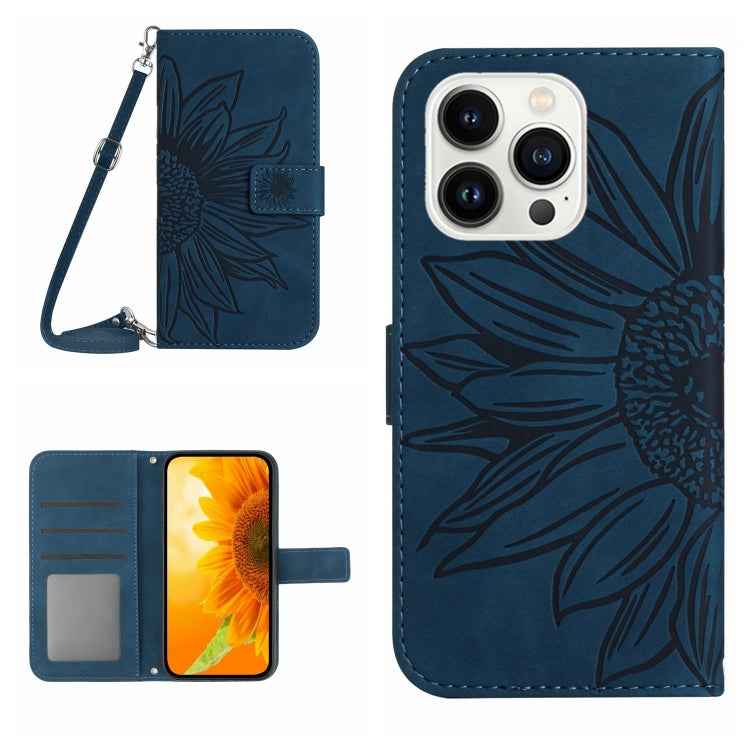 Skin Feel Sun Flower Embossed Flip Leather Phone Case with Lanyard, For iPhone 16, For iPhone 15 Pro Max, For iPhone 15 Pro, For iPhone 15 Plus