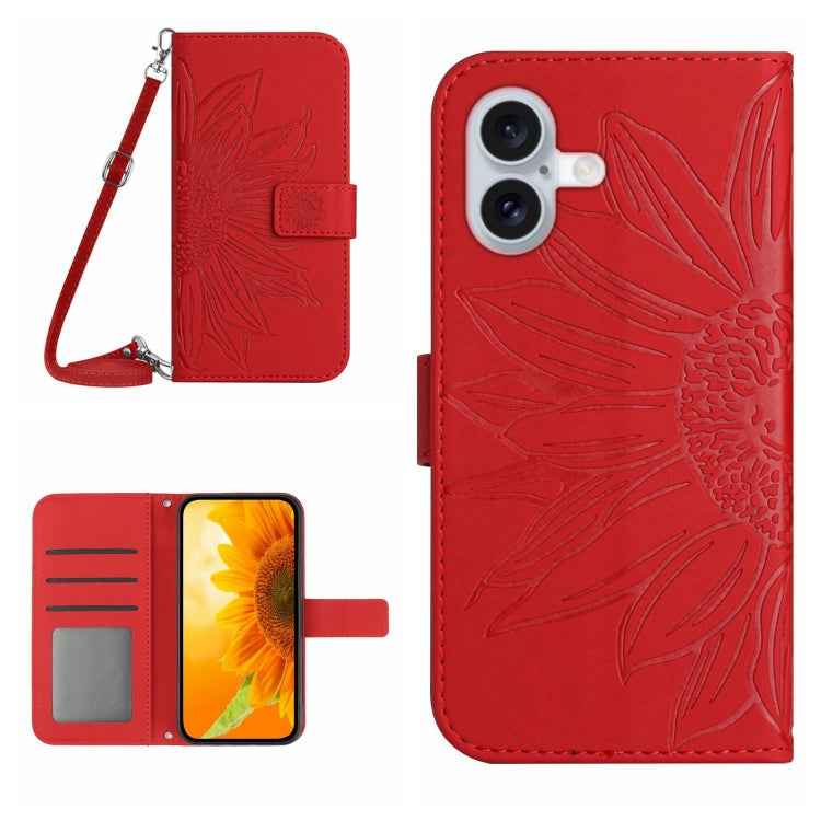 Skin Feel Sun Flower Embossed Flip Leather Phone Case with Lanyard, For iPhone 16, For iPhone 15 Pro Max, For iPhone 15 Pro, For iPhone 15 Plus