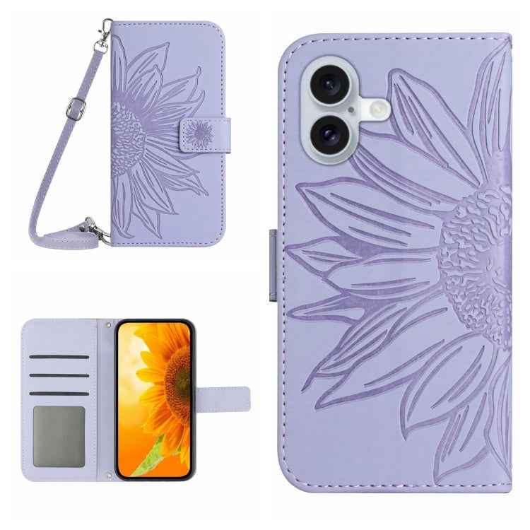 Skin Feel Sun Flower Embossed Flip Leather Phone Case with Lanyard, For iPhone 16, For iPhone 15 Pro Max, For iPhone 15 Pro, For iPhone 15 Plus