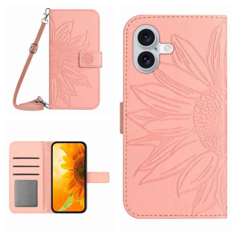 Skin Feel Sun Flower Embossed Flip Leather Phone Case with Lanyard, For iPhone 16, For iPhone 15 Pro Max, For iPhone 15 Pro, For iPhone 15 Plus