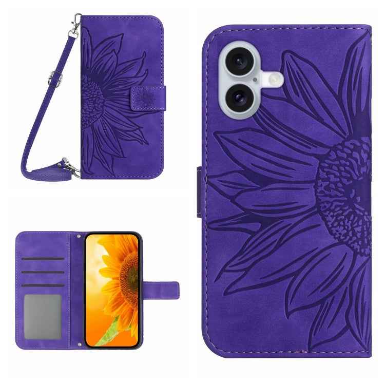Skin Feel Sun Flower Embossed Flip Leather Phone Case with Lanyard, For iPhone 16, For iPhone 15 Pro Max, For iPhone 15 Pro, For iPhone 15 Plus