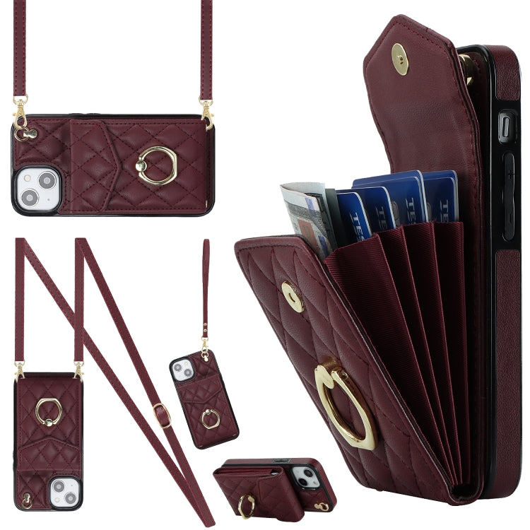 Rhombic Texture Card Bag Phone Case with Long Lanyard, For iPhone 15 Pro, For iPhone 15 Plus, For iPhone 15, For iPhone 14 Plus, For iPhone 14, For iPhone 14 Pro