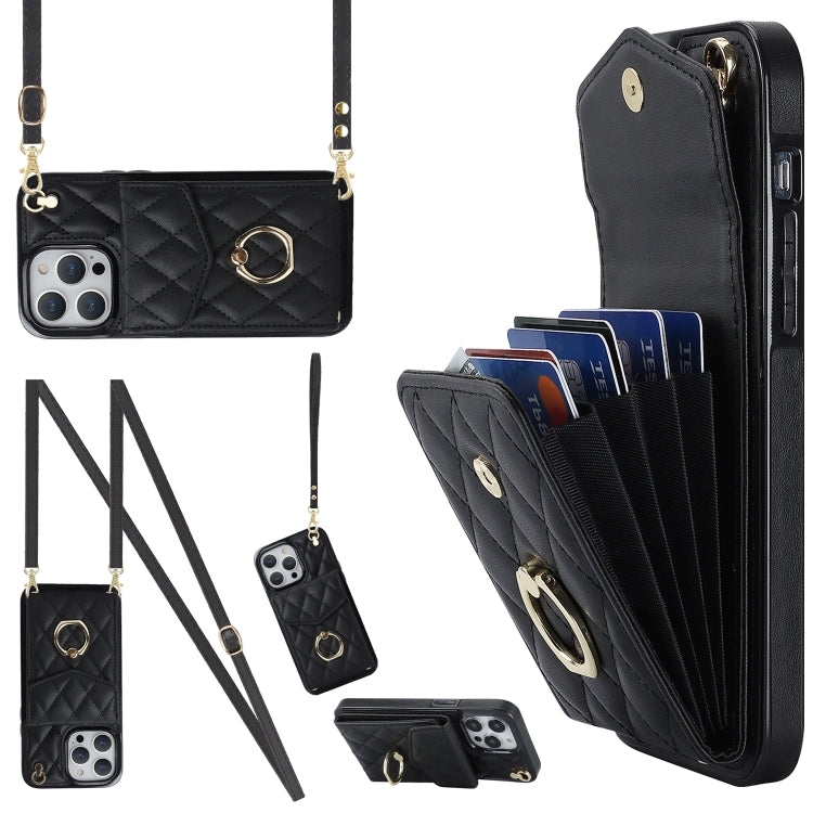 Rhombic Texture Card Bag Phone Case with Long Lanyard, For iPhone 15 Pro, For iPhone 15 Plus, For iPhone 15, For iPhone 14 Plus, For iPhone 14, For iPhone 14 Pro