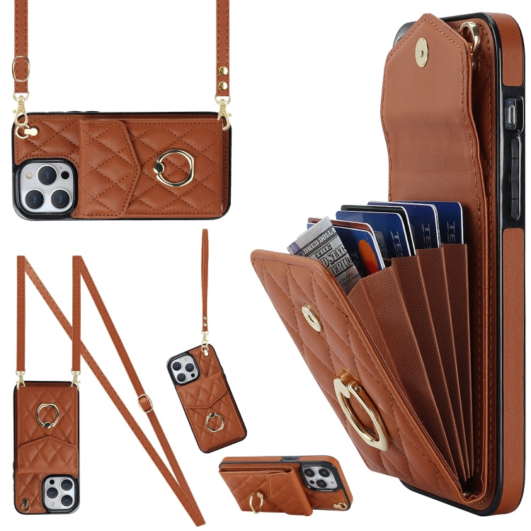 Rhombic Texture Card Bag Phone Case with Long Lanyard, For iPhone 15 Pro, For iPhone 15 Plus, For iPhone 15, For iPhone 14 Plus, For iPhone 14, For iPhone 14 Pro