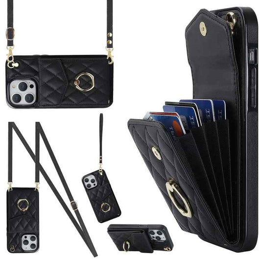 Rhombic Texture Card Bag Phone Case with Long Lanyard, For iPhone 14 Pro Max, For iPhone 13 Pro Max, For iPhone 13 Pro, For iPhone 13, For iPhone 12 / 12 Pro, For iPhone 12 Pro Max
