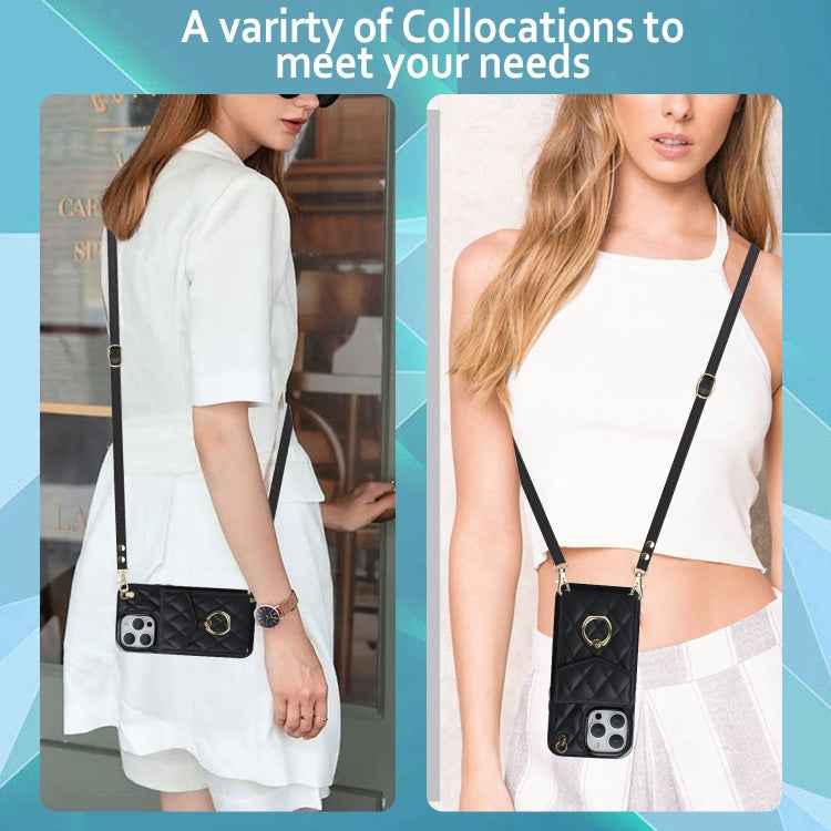 Rhombic Texture Card Bag Phone Case with Long Lanyard, For iPhone 14 Pro Max, For iPhone 13 Pro Max, For iPhone 13 Pro, For iPhone 13, For iPhone 12 / 12 Pro, For iPhone 12 Pro Max