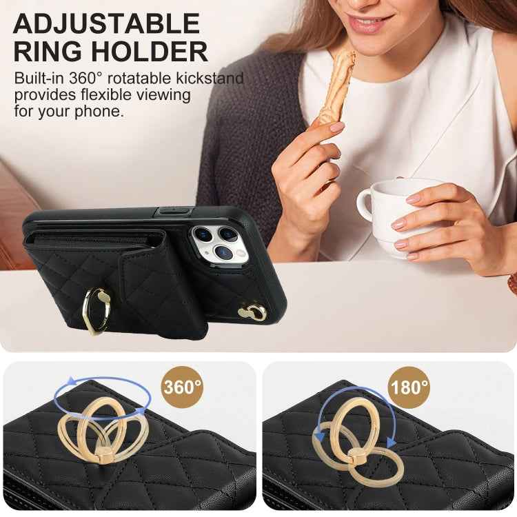 Rhombic Texture Card Bag Phone Case with Long Lanyard