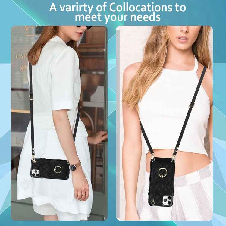Rhombic Texture Card Bag Phone Case with Long Lanyard