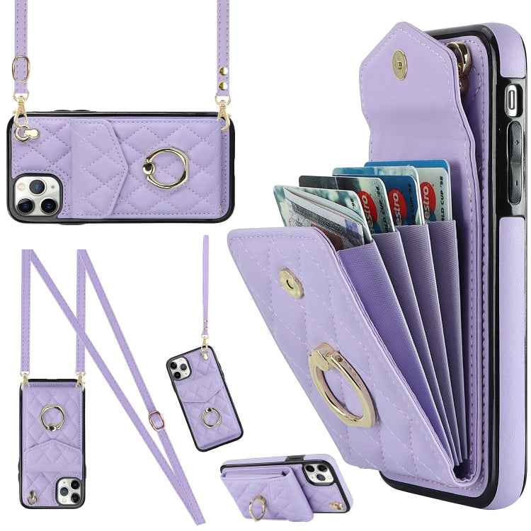 Rhombic Texture Card Bag Phone Case with Long Lanyard