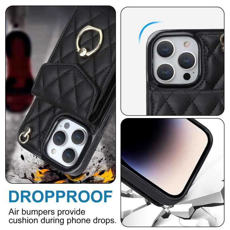 Rhombic Texture Card Bag Phone Case with Long Lanyard, For iPhone 15 Pro, For iPhone 15 Plus, For iPhone 15, For iPhone 14 Plus, For iPhone 14, For iPhone 14 Pro