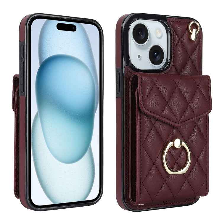 Rhombic Texture Card Bag Phone Case with Long Lanyard, For iPhone 15 Pro, For iPhone 15 Plus, For iPhone 15, For iPhone 14 Plus, For iPhone 14, For iPhone 14 Pro