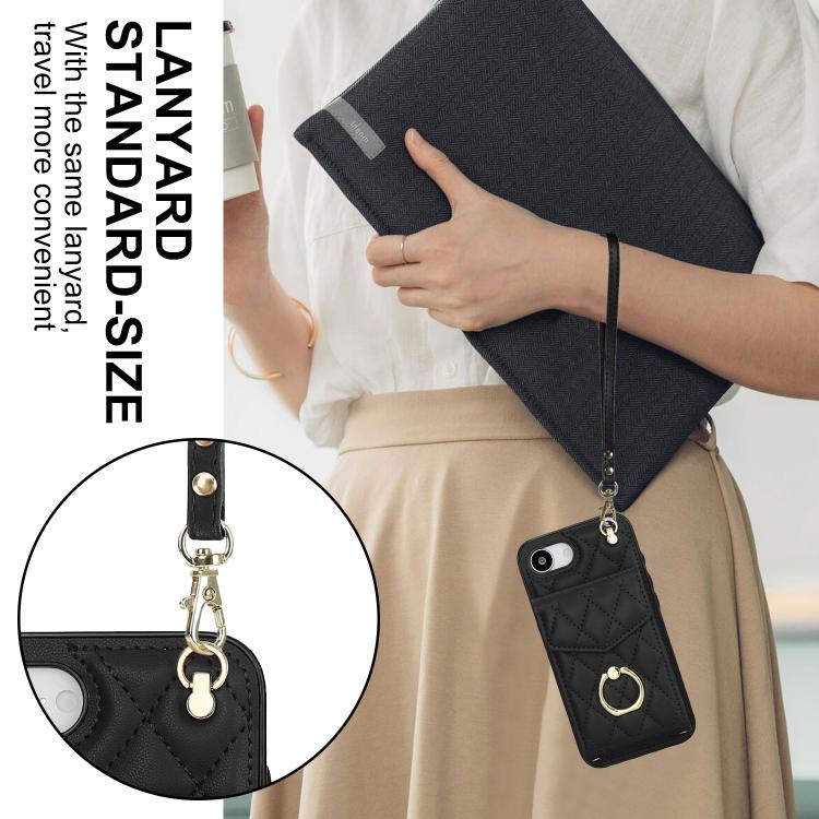 Rhombic Texture Card Bag Phone Case with Long Lanyard, For iPhone 17e / 16e, For iPhone 17 Pro Max, For iPhone 17 Pro, For iPhone 17, For iPhone Air, For iPhone 15 Pro Max